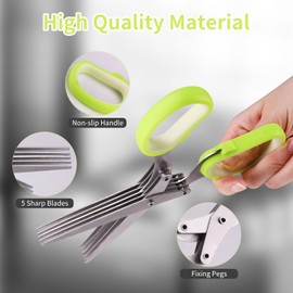 Qaixwuyi Küchenschere mit 5 Klingen Edelstahl Grün Kräuterscheren Gewürzschere Zwiebelhalter Gemüseschere Lauchschere Schalottenschere Küchenschere mit Hülle Reinigungskamm