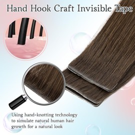 TESS Injection Tape In Hair Extensions Human Hair Brown Invisible Injected Tape Seamless Real Hair Straight 10 Pcs 25G - #02Y Dark Brown - 18 Inch