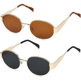 Dexspoeny 2Pcs Retro Oval Sunglasses for Women Men Trendy Classic Shades Metal Frame Gold Sunglasses