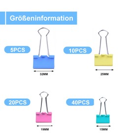 Pack of 75 Foldback Clips Set, 15 mm/19 mm/25 mm/32 mm Binder Clips, Paper Clips, Colourful, Binder Clips, Document Clips, Metal Clips, Paper Clips for School, Office Supplies, Stationery Notes