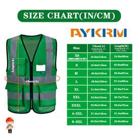 AYKRM Hi vis Vest Green high vis Jacket high viz Class 2 hi vis Zipper Front High Visibility Vest Hi Vis Executive Vest Waistcoat with Phone & ID Pockets, XL