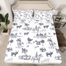 Western Bedding Set Twin Size Sketch Cowboy Cattle Horse Fitted Sheet 2Pcs Farm Animal Bed Sheet for Kids Boys Girls Adult Room Decor Rustic Farmhouse Deep Pocket Sheet Navy White,1 Pillowcase