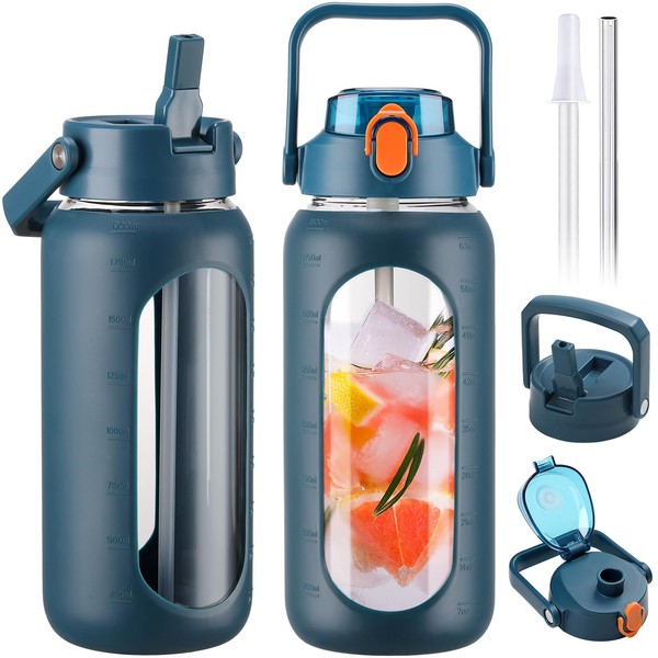 BLUEGO 64oz Glass Water Bottles with 2 Lids Flip Lid