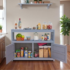 Devoko Acacia Wood Patio Cabinet with 2 Magnetic Doors and Shelve for Outdoor Storage, TV Stand, Potting Table (Gray)