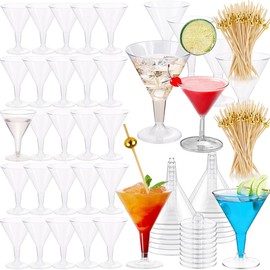 200pcs Cocktail Picks+54 Plastic Martini Glasses Disposable Martini Glasses for Parties, 7 Oz Disposable Cocktail Glass with Party Toothpicks for Appetizers,Plastic Martinis Cups for Margarita