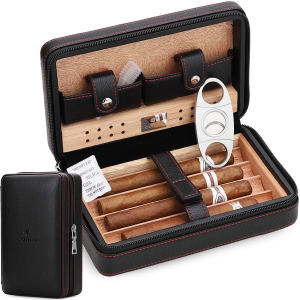 M TIME C CLUB 4 Finger Portable Travel Leather Cigar Case, Cigar Humidor with Cigar Cutter and Humidifier, Groomsmen Gift, Birthday Gift