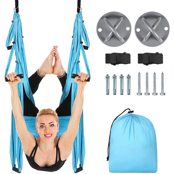 HITIK Aerial Yoga Swing Set Anti Gravity Yoga Hammock for Outdoor and Indoor Inversion Therapy Flying Sling Set (with Ceiling Mount Accessories)blue