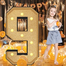 Ruxion 4FT Marquee Light Up Numbers 9 - Large Glitter Gold Mosaic Marquee with Light String, Pre-Cut Foam Board Kit Perfect for Birthday Party Decorations Anniversary, Parties, Events, Celebrations