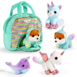 OROLIVING Unicorn Plush Toys for Girls, 4 Pieces Unicorn Stuffed Animals with Rainbow Carry Bag, Cute Unicorn Plush Doll Stuffy Plushies Gift for Girls Age 3 4 5 6 7 8+