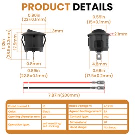 ZDRU 5Pcs Round Rocker Switch, ON/Off Round Toggle Switch, SPST 2 Pin with Pre-Wired Leads 12VDC 6A/250V 10A/125V AC, Snap-in Design for Car Boat RV Automotive