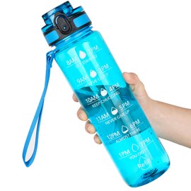 OLDLEY Water Bottles, 32oz Motivational Sports Water Bottle with Time Marker - Times to Drink - Tritan, BPA Free, Wide Mouth Leakproof, Glacial Blue (1 Pack)