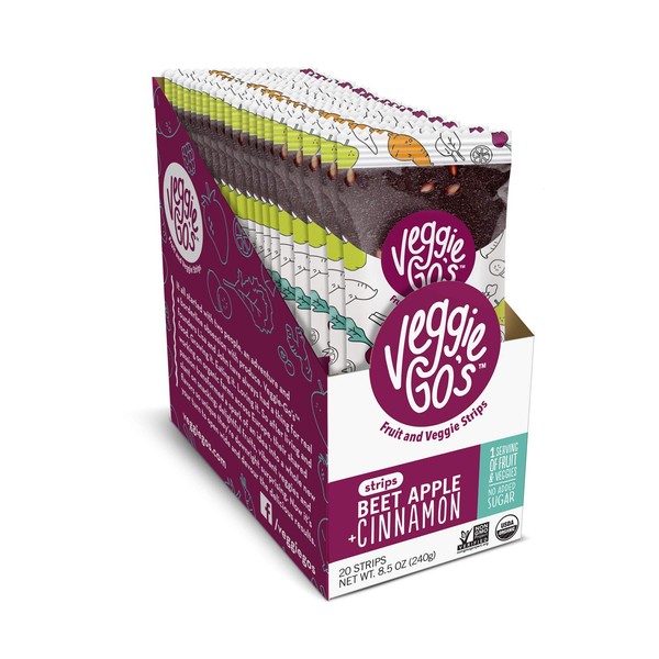 Veggie-Go's tira orgánica de frutas y verduras sin azúcar añadido, remolacha, manzana, canela, 4.7 oz (Paquete de 20)