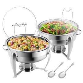BriSunshine 6 QT Chafing Dish Buffet Set with Serving Spoons, 2 Packs Stainless Steel Round Chafing Dishes with Glass Lid & Lid Holder, Food Warmers for Parties Buffet Weddings Catering Events