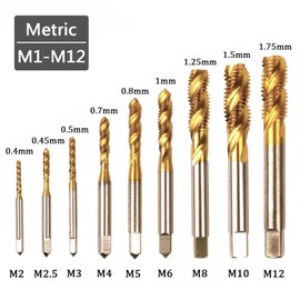 Bestgle 9Pcs Machine Screw Tap Set Titanium Spiral Flute Drill Taps Thread Tapping Tool Metric M2 M2.5 M3 M4 M5 M6 M8 M10 M12
