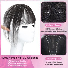 Hair Toppers for Women Real Human Hair 360° 3D Cover Human Hair Topper with Bangs Wispy Bangs Extensions Clip in Bangs for Daily Wear Natural Color