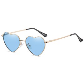 RUNHUIS Polarised Heart Shape Sunglasses Women Men Hippie Glasses Vintage Love Sunglasses for Festival Party Gold Metal Frame with UV400, Gold/Blue