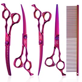 JASON Dog Grooming Scissors Set - Professional 6 in 1 Dog Shears Set - 7" Curved Chunker, 7" Straight, 7" Up-Curved, 7" Down-curved Scissors and Comb for Dog Cat Pet with Adjustable Screw