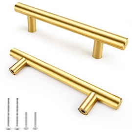 Qimoo 4 Pack Brushed Gold Cabinet Handles, 3-3/4 in Hole Center Kitchen Cabinet Pulls, Stainless Steel T Bar Door Handles for Cabinets and Drawers - 6 Length
