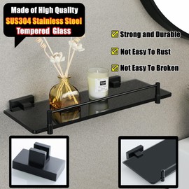 Alise Bathroom Shelves Glass Shelf with Guard Bar Wall Mount,Floating Shelves for Bathroom,SUS 304 Stainless Steel Tempered Glass Rack Holder Storage Organizer,GOY380X130-B Black