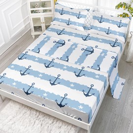 Smell Sunshine Anchor Sheets Set 4Pcs for Kids,Anchor Printed Sheet Set with 1 Flat Sheet and 1 Fitted Sheet + 2 Pillowcases(Anchor Full)