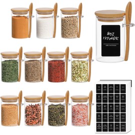 ComSaf 12 Pcs Glass Spice Jars with Lids and Spoons, 8oz Glass Containers with Bamboo Lids, Glass Storage Containers with Airtight Lids with 275 Labels for Seasonings, Salt, Loose Leaf Tea Storage