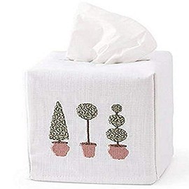 Tissue Box Cover, Linen/Cotton - Three Topiary Trees (Olive)