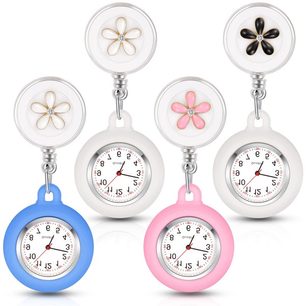 Outus 4 Pieces Nurse Watch for Nurses Doctors, Nurse Watch Brooch Fob Pocket Watch Digital Watch(Pink, Black Flower, Blue, White)