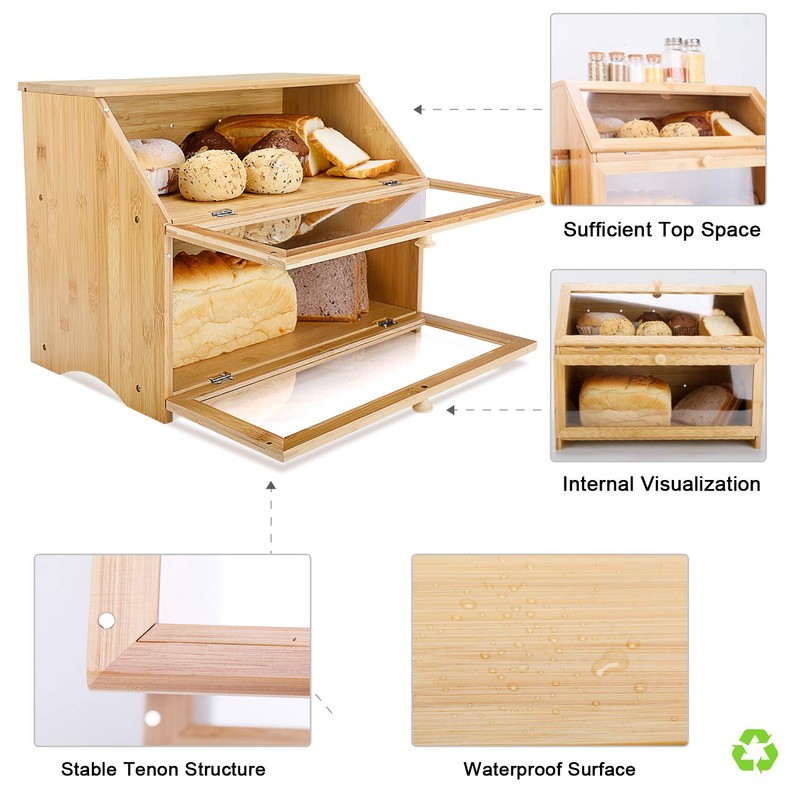 HOMEKOKO Double Layer Large Bread Box for Kitchen Counter, Wooden