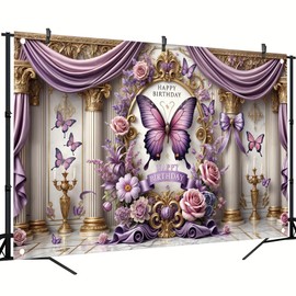 Floral Birthday Backdrop Banner for Girls Spring Butterfly Happy Birthday Photography Background Pink Flower Blossom Plant Pastel Lovely Princess Birthday Banner Photo Booth Studio 70.8 x 43.3 Inch