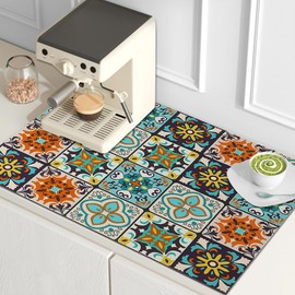 LOMOHOO Dish Drying Mat for Kitchen Counter Colorful Boho Coffee Bar Mats for Countertop, Water Absorbent Drying Mat with Non-slip Rubber Backed, Hide Stain Heat Resistant Drainer Pad (Red, 16"x20")