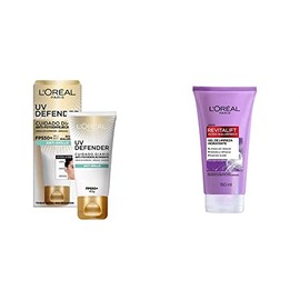 LOreal Paris bloqueador solar FPS 50  UV Defender anti - brillo, 40ml  Gel Limpiador Facial Revitalift Ácido Hialurónico, 150 ml                      