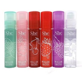 Fruity-Pop Roller Gloss by S.he Makeup; Smooth Glass Like Shine Lip Glosses, Complete Set of All 6 Flavor Scents 0.22oz 6.3g Clear