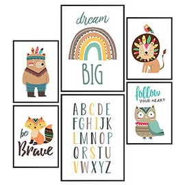 Pandawal Forest Animals Poster Rainbow ABC Pictures Children's Room Decoration Boys Girls Set of 6 for Children Indians DIN A4 & A3 Wall Pictures without Picture Frame