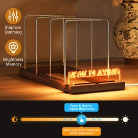 NiHome Now Playing Vinyl Record Stand with LED Light for Music Lovers, Secure Holder for Up to 80 LP Records, Wood & Stainless Steel Vinyl Storage Rack with Adjustable Design, Minimalist Desktop Display