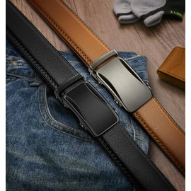 KEMISANT Men Ratchet Belt 2Pack,Adjustable Click Belt For Gift Men Dress Casual Golf Jeans 1 3/8",Cut for Fit(Black/Orange Brown,32"-38" Waist Adjustable)