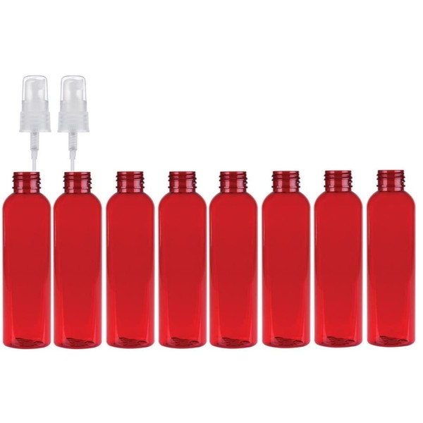 Premium Essential Oil 4 Ounce Cosmo Round Bottles, PET Plastic Empty Refillable BPA-Free, with Natural Color Fine Mist Spray Caps (Pack of 8) (Red)
