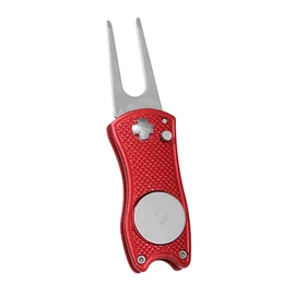 Metal Foldable Golf Divot Repair Tool with Pop-up Button & Magnetic Ball Marker Red