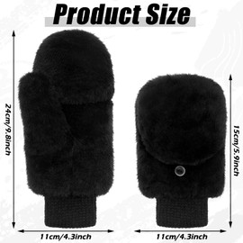 Women Mittens Winter Fur Gloves Flip Cover Gloves with Faux Fur Convertible Warm Flip Top Mitten Soft Fingerless Fur Mittens (Black)