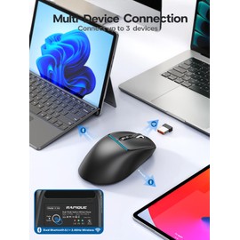 RAPIQUE R108 Bluetooth Wireless Mouse – Dual Bluetooth ＆ 2.4GHz USB Receiver, 4 DPI Levels (1000–3200), Type-C Rechargeable, Ergonomic Right-Hand Grip, Silent Click, for Computer/Mac/Laptop - Black