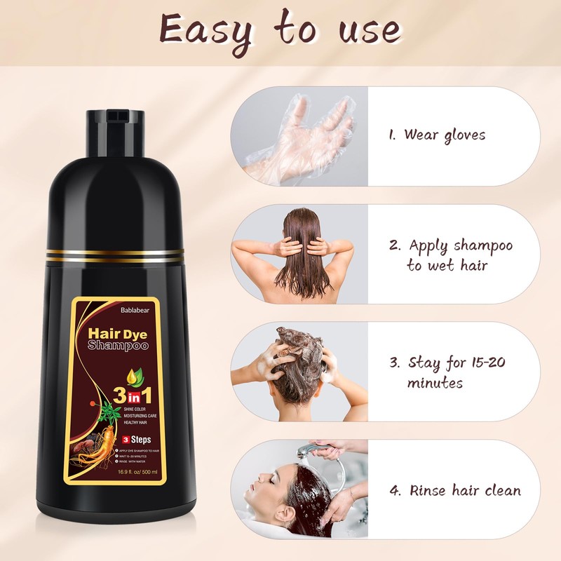 Dark Brown Hair Dye Shampoo 3 in 1, Gentle Formula