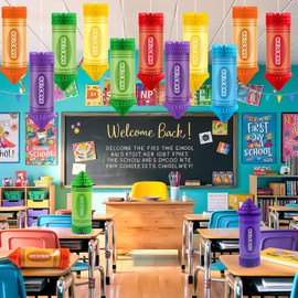 12 Pcs Hanging Crayon Honeycomb & Paper Lanterns Classroom Decor Set - Back to School Ceiling Decorations, First Day of School Teacher Supplies, Colorful Tissue Paper Crayon Party Decor