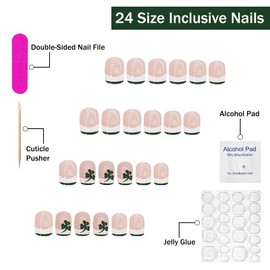 St. Patrick's Day Press on Nails Short Square SWEKKE French Tip Fake Nails False Nails with Shamrock Designs Green & White Glossy Glue on Nails Stick on Nails for Women Girls 24 Pcs