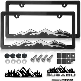 GNSZSN Mountain License Plate Frames - 2 Pack Plastic Car Tag Frame with 3D Mountain Design, Silver on Black, Included Mountain Vinyl Sticker, Screws & Caps