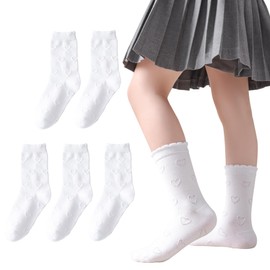 Marchare Girls Ruffle Socks White Dressy Socks 5-8 Liti heart 5p School Uniform Sock Heart Bow Design For Girl