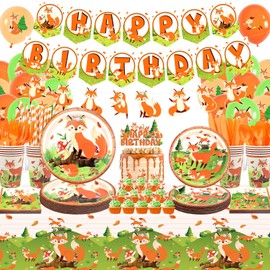 Fox Birthday Party Supplies, Includes Banners, Plates, Cupcake Toppers, Napkins, Cups, Tablecloths, for Girl Boy Fox Theme Baby Shower Birthday Party Decorations Serves 20