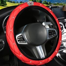 Dotesy 16 Pcs Bling Car Steering Wheel Cover Set with Crystal Seatbelt Shoulder Pads Diamond Butterfly Car Accessories for Women (Red)