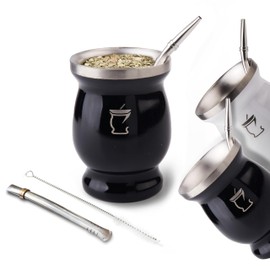 BARGRIN Argentine Matte Black Yerba Set with 2 Stainless Steel Lamps and a Brush for Cleaning the Bulbs, Matte Stainless Steel