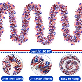 4th of July Metallic Ribbon Flag Garland Red White Blue Patriotic Wreath for Family Party Holiday Celebration Memorial Day Independence Day 4th of July Decorations