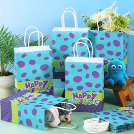 Oudain 24 Pcs Monster Birthday Party Favor Bags Cartoon Paper Gift Bags with Handle for Candy Treats Goodies Goody for Baby Shower Monster Themed Birthday Party Decorations