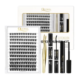 QUEWEL 144 Pieces DIY Eyelash Extensions Set, Cluster Eyelash Applicator Tool, Super Hold Cluster Eyelash Glue and Sealing, for DIY Eyelash Extension (QU-H-DH-06)
